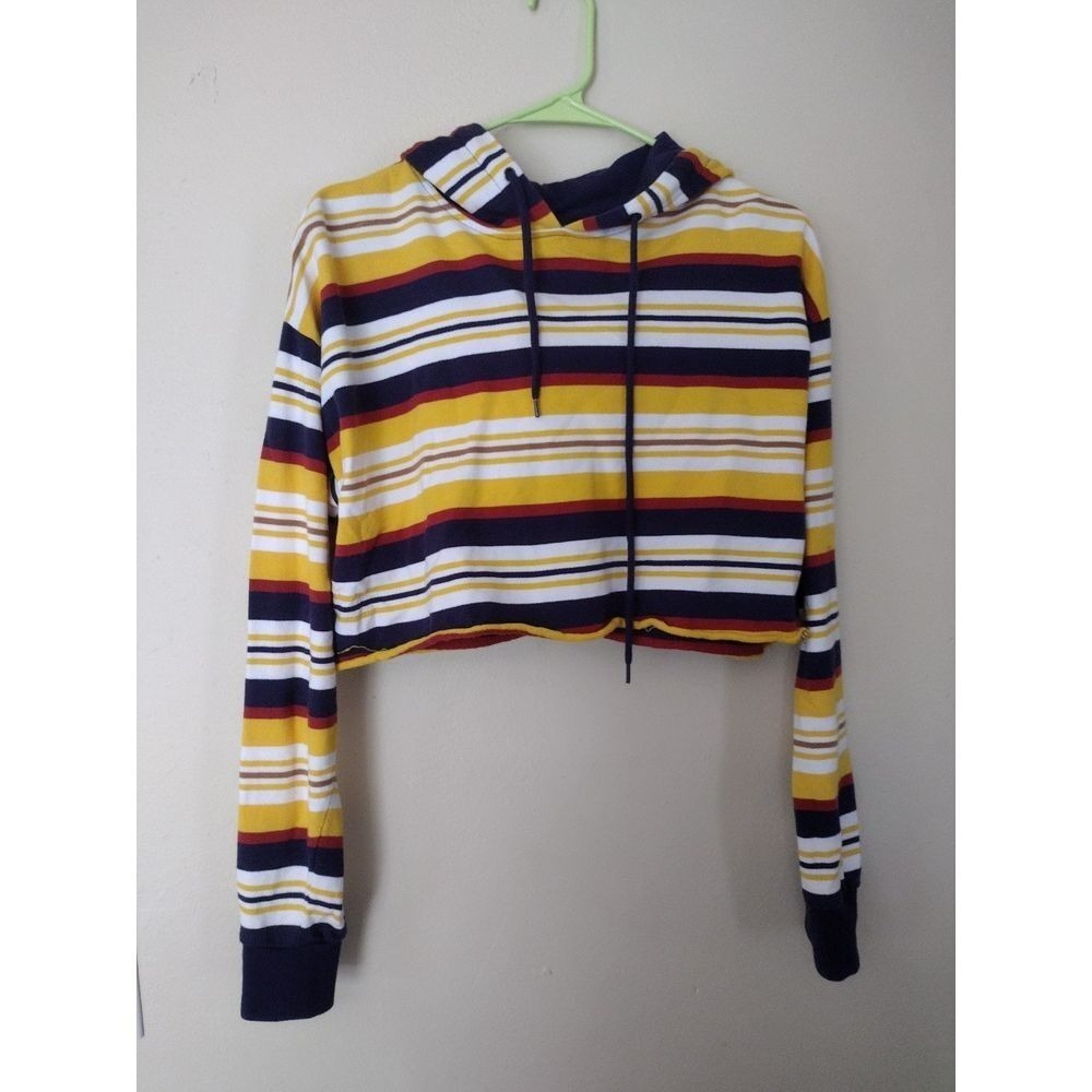 Zine Womens XS Striped Cropped Hoodie Yellow Navy Blue Red Long Sleeve Pullover